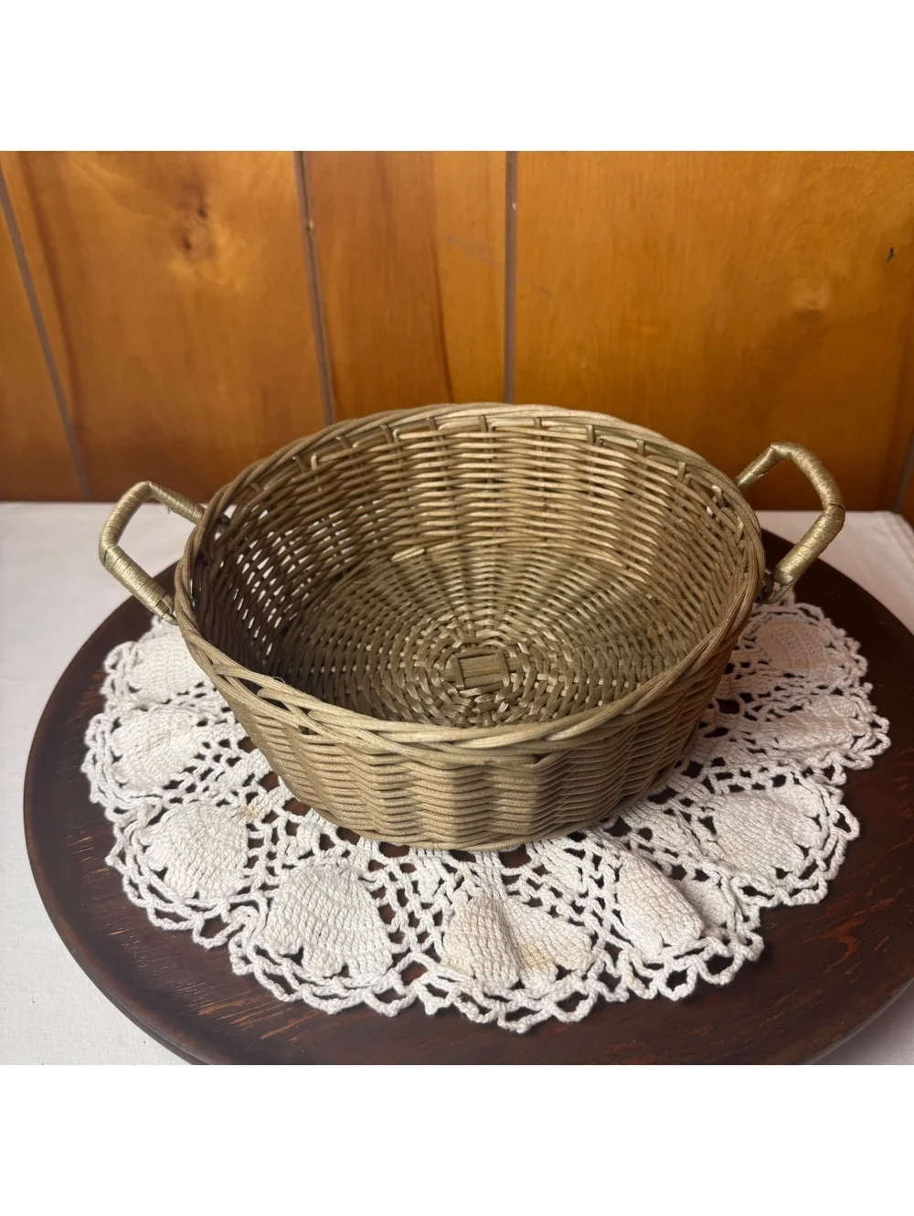 Round Woven Basket With Handles Antiqued Gold Wicker Farmhouse Centerpiece